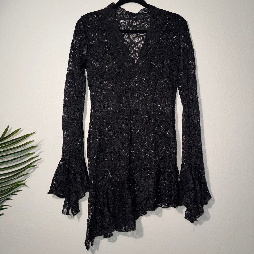 Vintage Sheer Black Lace Asymmetrical Mini Dress Bell Sleeves Whimsigoth Goth